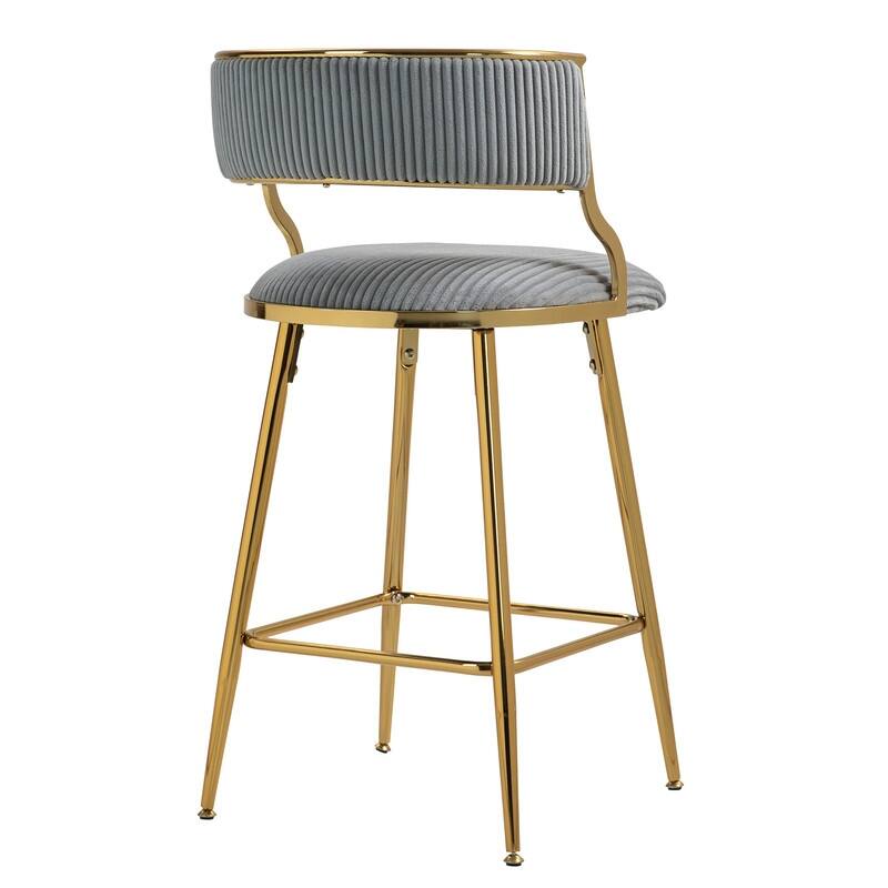 (SET of 2) 26'' Counter height bar stools Corduroy kitchen island counter bar stool with back,golden chromed base and footrest