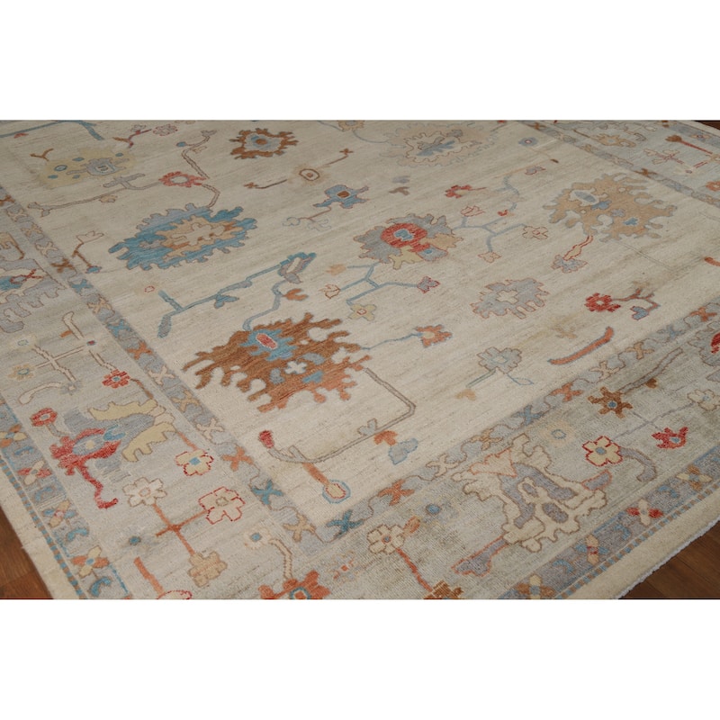 Hand Knotted Oriental 100% Wool Carpet Transitional All-Over Beige & Ivories Oushak Area Rug - 9' 11'' X 8' 2''
