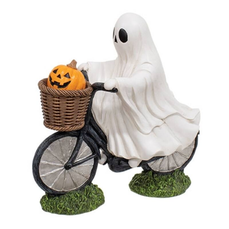 Resin Ghost Riding Bike Figurine with Jack O Lantern Basket Hand-Painted Whimsical Halloween Tabletop Shelf Décor 10.5 Inch - White