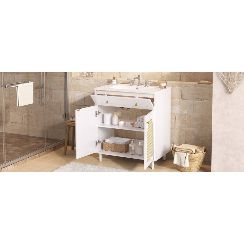 30" Bathroom Vanity with Ceramic Sink, Solid Wood Frame Bathroom Sink Cabinet with Adjustable Shelf, Tip-Drawer