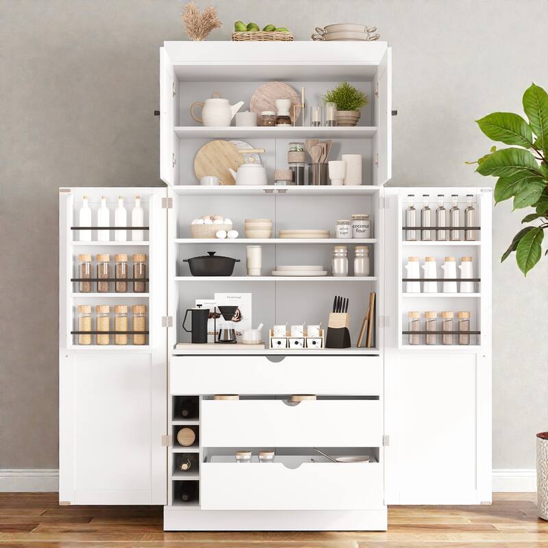 77 Inch Tall Kitchen Pantry Cabinet, Shaker Style Storage with Adjustable Shelves, Drawers, Door Shelves and Wine Racks