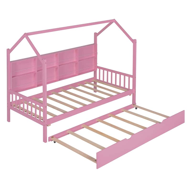 Wood House Bed Playhouse Twin Size Platform Bedframe with Twin Trundle Bed Bath & Beyond