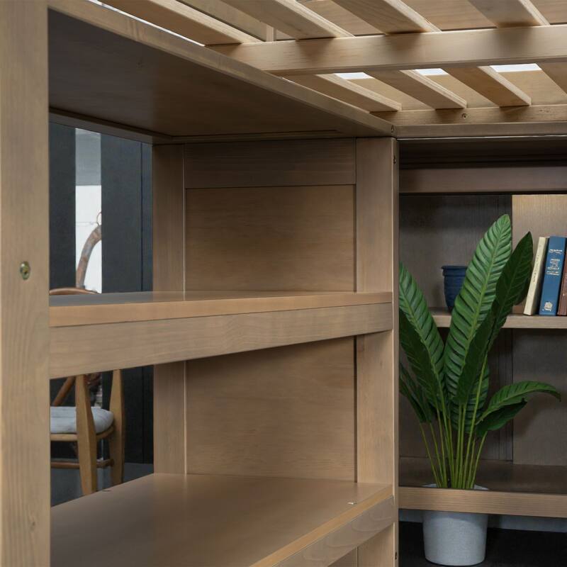 Full Size Wood Loft Bed with Wardrobe, Desk, Storage Shelves and Drawers, Space Saving Design, No Box Spring Needed