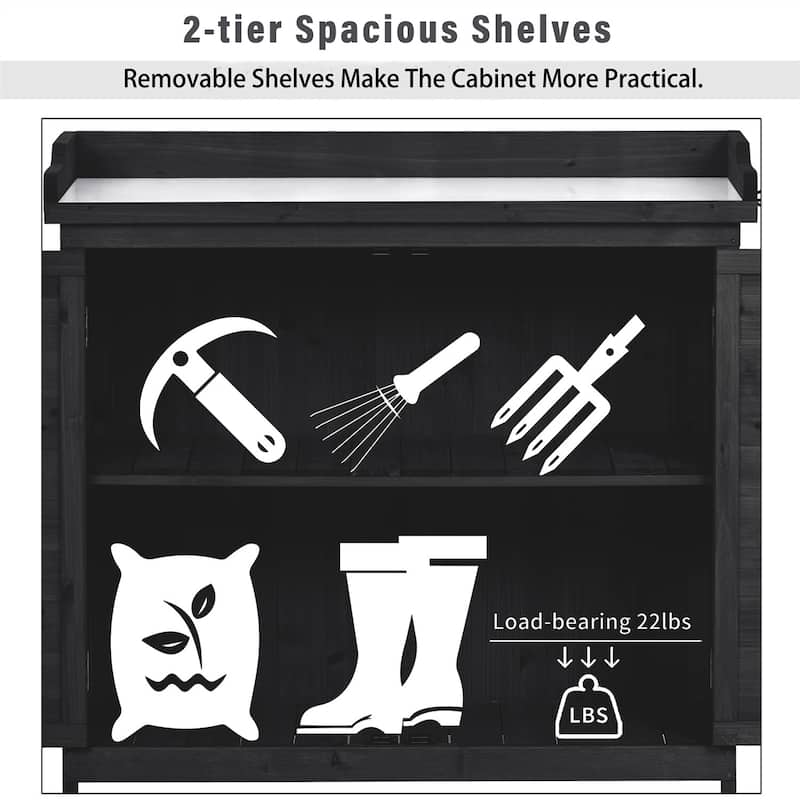 Outdoor Potting Bench Table Wood Workstation Storage Cabinet with Hook