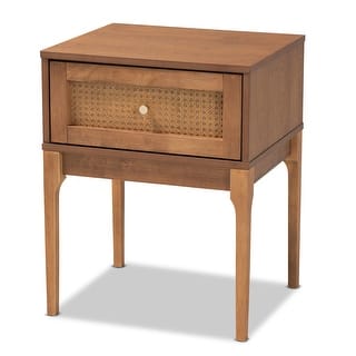 Ramiel Mid-Century Modern Ash Walnut Finished Wood and Rattan 1-Drawer Nightstand