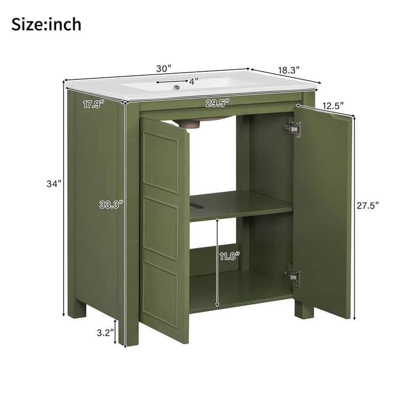 30" Bathroom Vanity with Ceramic Sink, Soft-Close Door, Adjustable Shelf