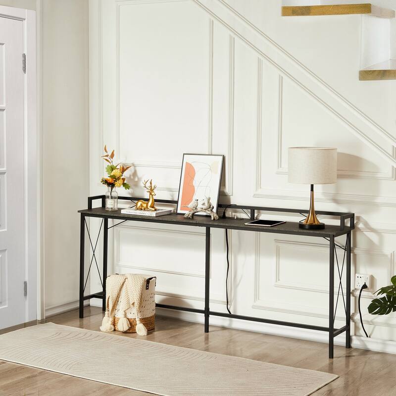 Javlergo Extra Long Console/Sofa Table with Charging Station&Power Outlet, Charcoal Grey