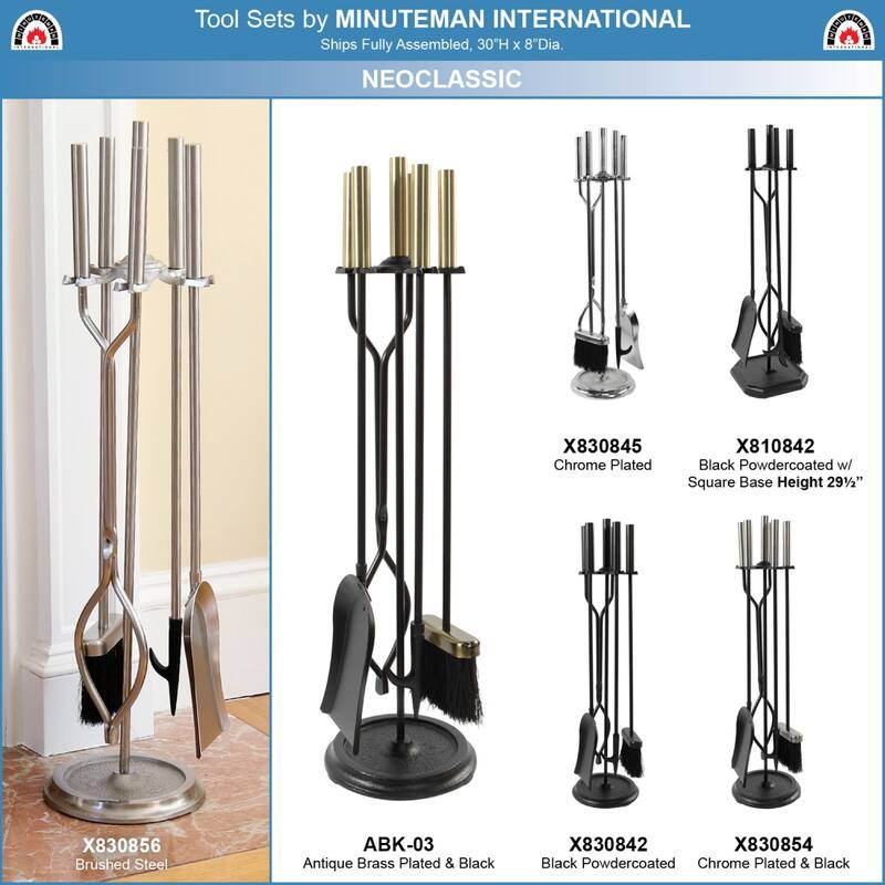Achla Designs Neoclassic Set of 4 Fireplace Tools w/Round Base, 30 Inch Tall, Brushed Steel