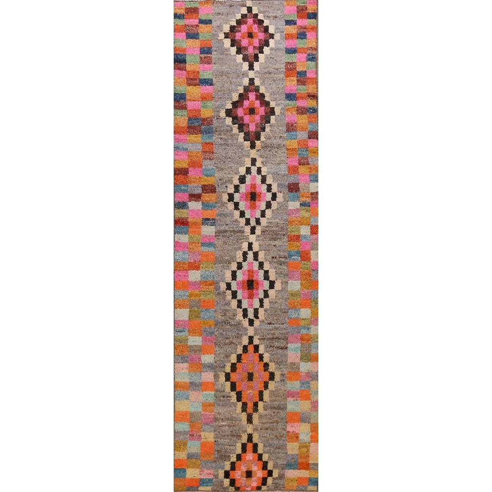 Checkered Moroccan Oriental Runner Rug Handmade Tribal Wool Carpet - 2'10" x 12'8"