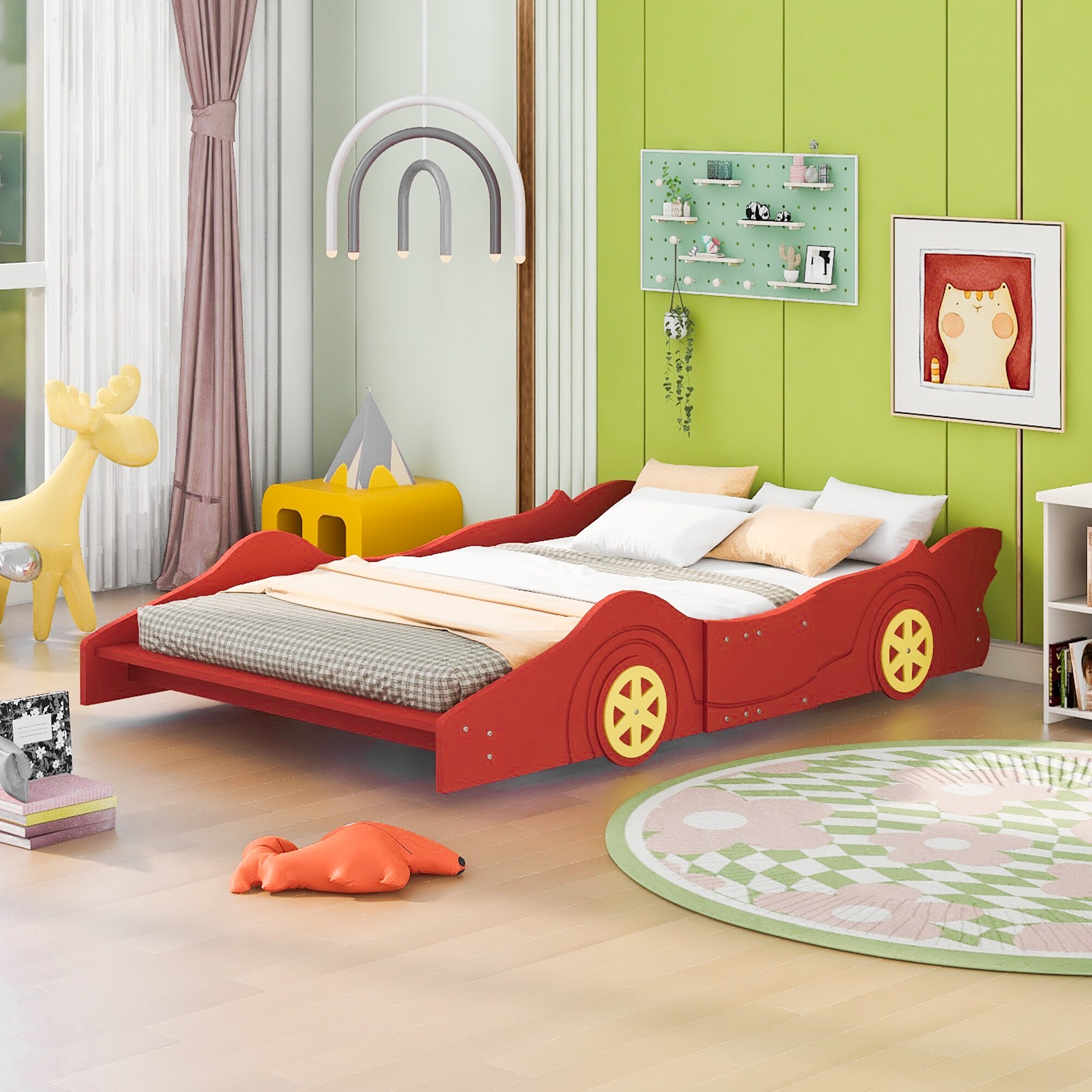 Full Size Race Car Shaped Platform Bed Frame for Kids with Wheels Trim Blue