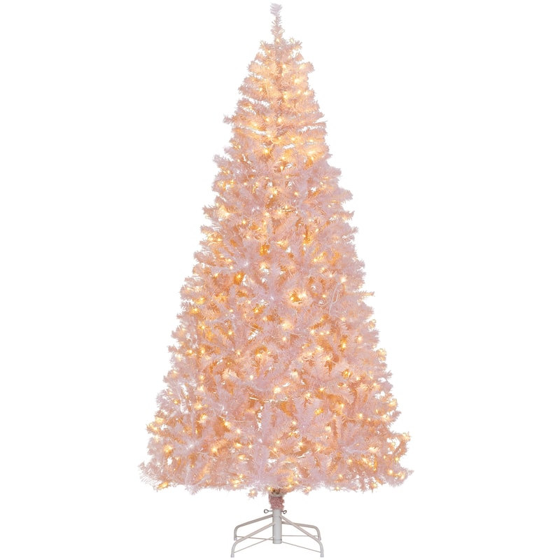 HOMCOM Pre-Lit Douglas Fir Tree - Warm White LED Lights, Realistic Branches, Pink