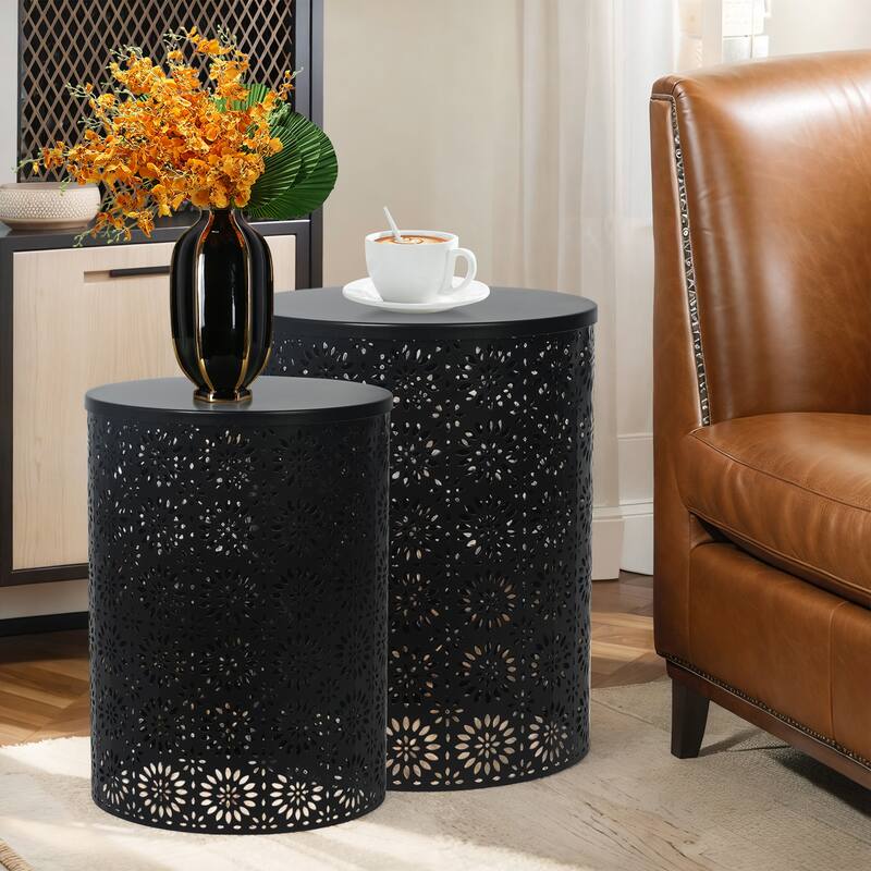 Adeco Set of 2 Round Metal Nesting Side End Tables Set - set of 2 - Black-Floral pattern