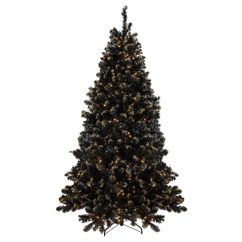 Pre-Lit LED Black Crystal Pine with Gold Glitter Artificial Christmas Tree - 7.5 ft Clear Lights - 7.5'