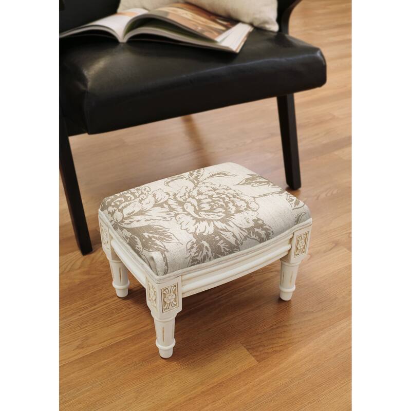 Taupe Peony Footstool with antique white finish