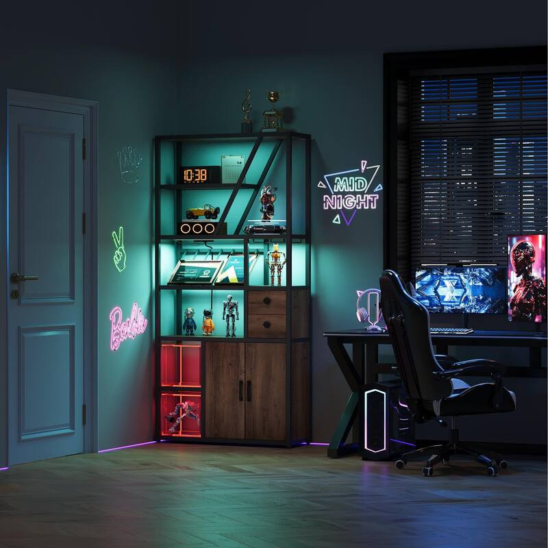 Wine Bar Cabinet with LED Lights, Tall Coffee Bar Station with Power Outlets and Wine Rack