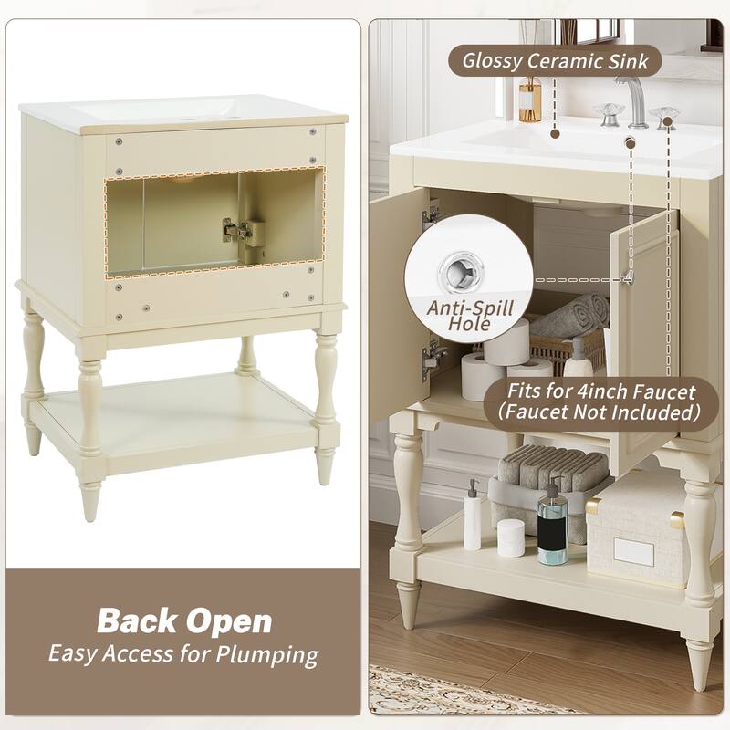 24 inch Modern Luxury Bathroom Vanity with Ceramic Sink, Bathroom Cabinet with Open Shelf and Closed Storage