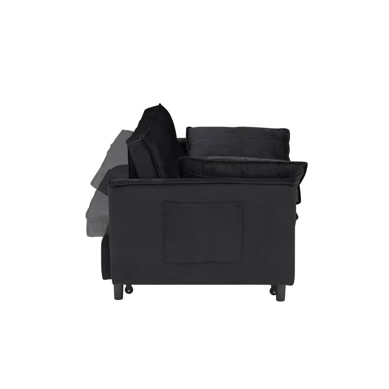 Modern 3 in 1 Convertible Black Velvet Sofa Bed with Pillow