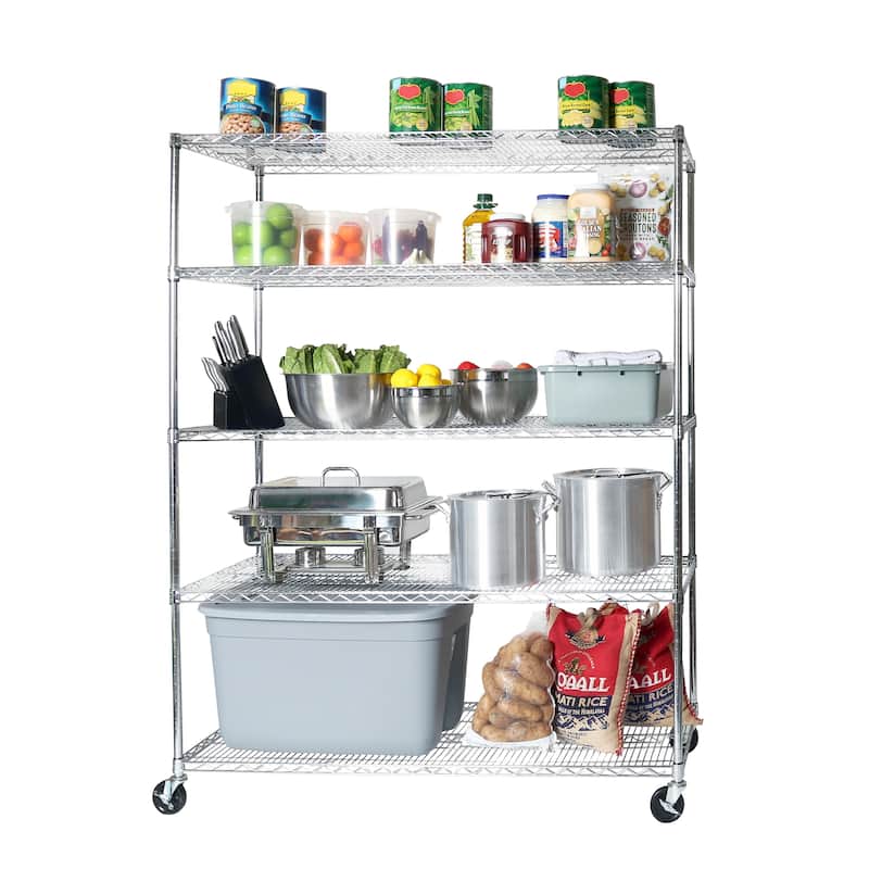 Seville Classics UltraDurable Commercial-Grade 5-Tier NSF-Certified Steel Wire Shelving with Wheels, 60" W x 24" D x 72" H - Silver