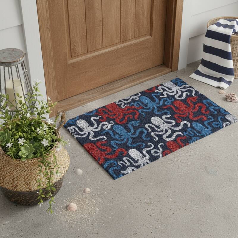 HomeRoots 16" X 30" Blue Red And White Octopus Indoor Coir Door Mat - 15.70' X '29.60 - 15.70' X '29.60