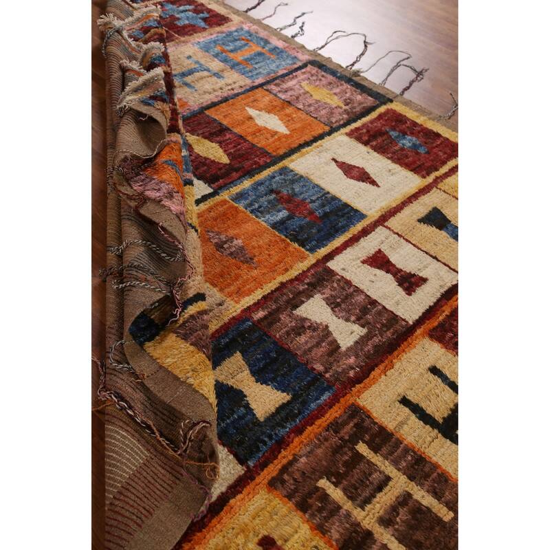 Hand Knotted Oriental 100% Wool Carpet Modern Tribal Multi-Colored Moroccan Area Rug - 9' 11'' X 6' 9''