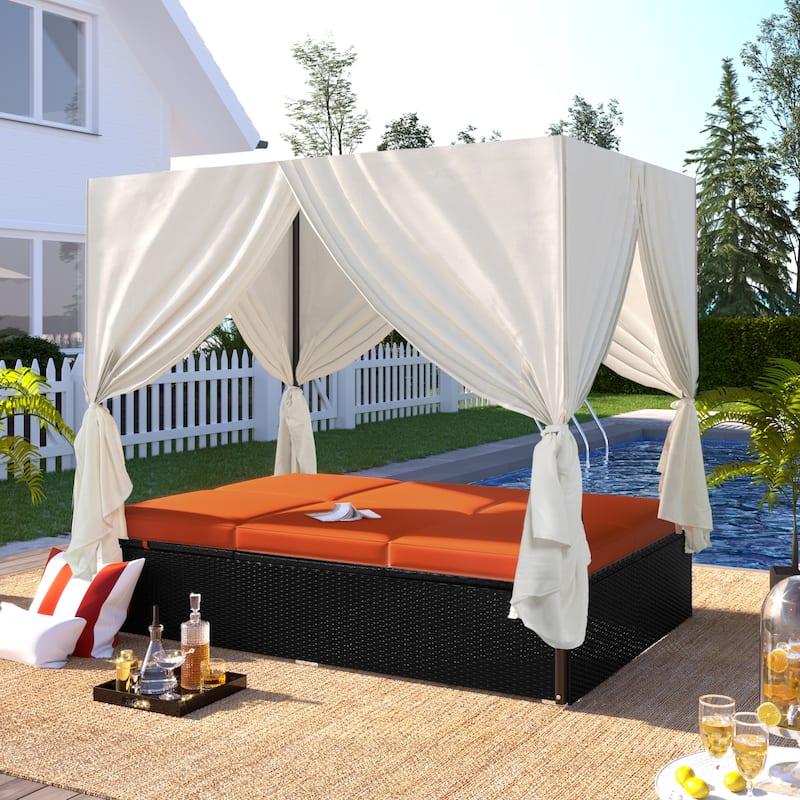 Elegant Outdoor Patio Wicker Sunbed Daybed with Adjustable Cushions and Curtains - Orange