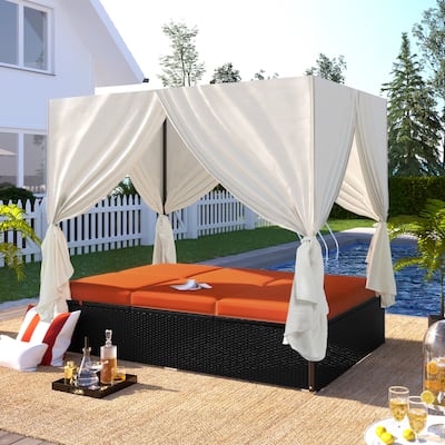 Outdoor Rattan Canopy Daybed Sunbed with Curtain & Adjustable Seat