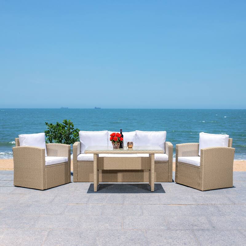 SAFAVIEH Outdoor Living Nyra 4-Piece Patio Dining Set - 70"W x 32"D x 27"H - Beige/White Cushion