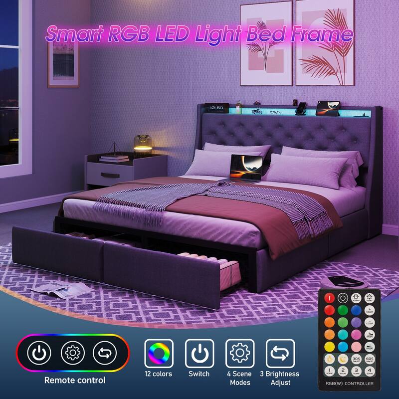 Full Size/Queen Size Bed Frame, Upholstered Platform Bed with RGB LED Light Storage Headboard & USB Charging Station - Grey - Full