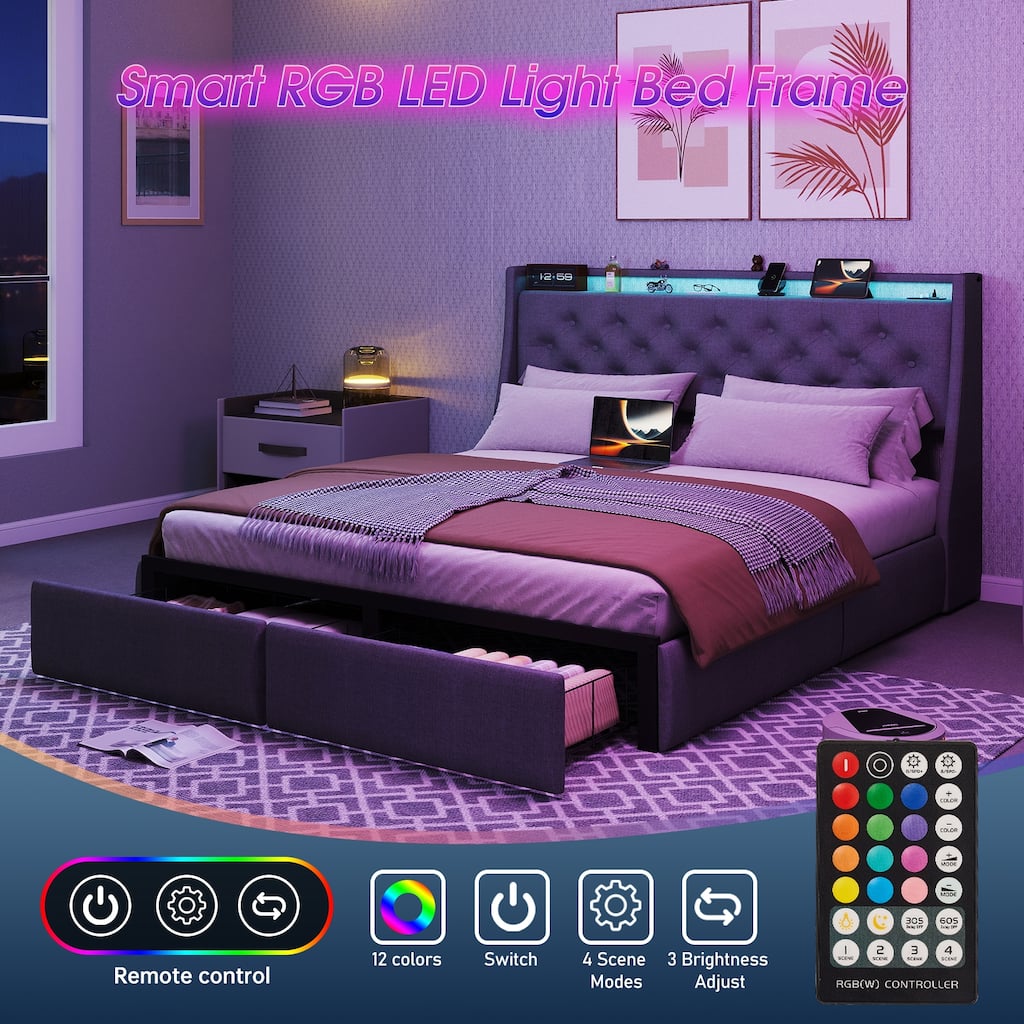 Full Size/Queen Size Bed Frame, Upholstered Platform Bed with RGB LED Light Storage Headboard & USB Charging Station