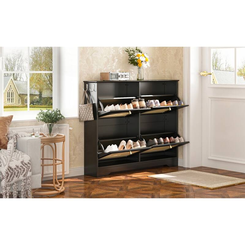 Mid-Century Narrow Design Tipping Bucket Shoe Cabinet with 4 Flip Drawers with Rattan Doors and Hooks
