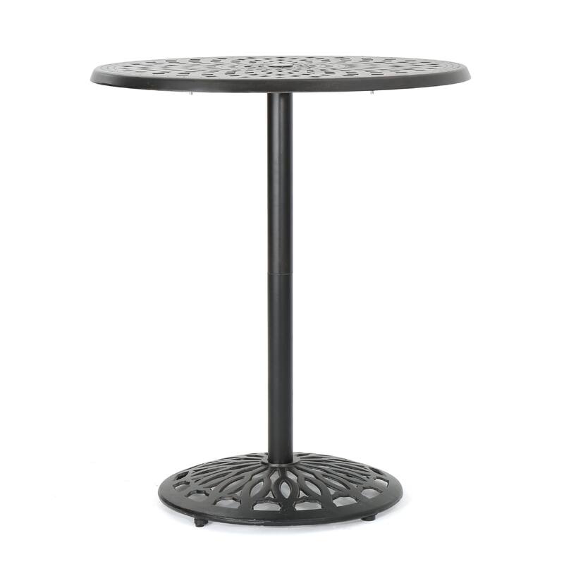 Outdoor Bar Table, 35 Inch Round Carved Top, Antique Bronze Aluminum