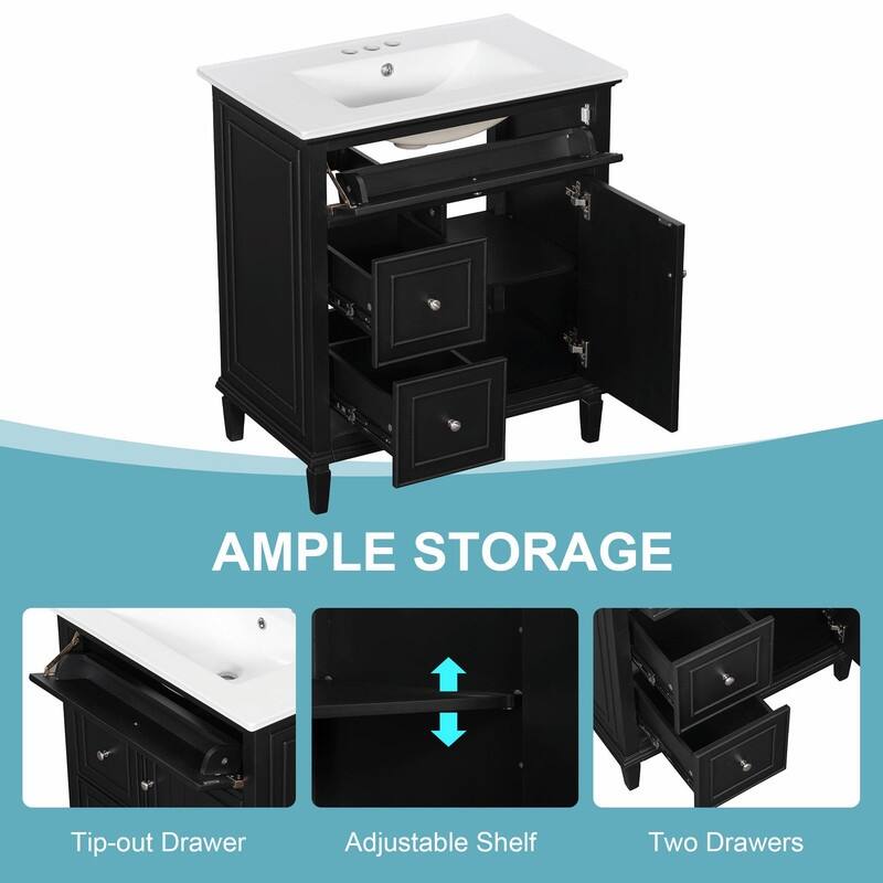 30 Inch Bathroom Vanity with Sink, Modern Vanity Cabinet with One Flip Drawer and Two Storage Drawers