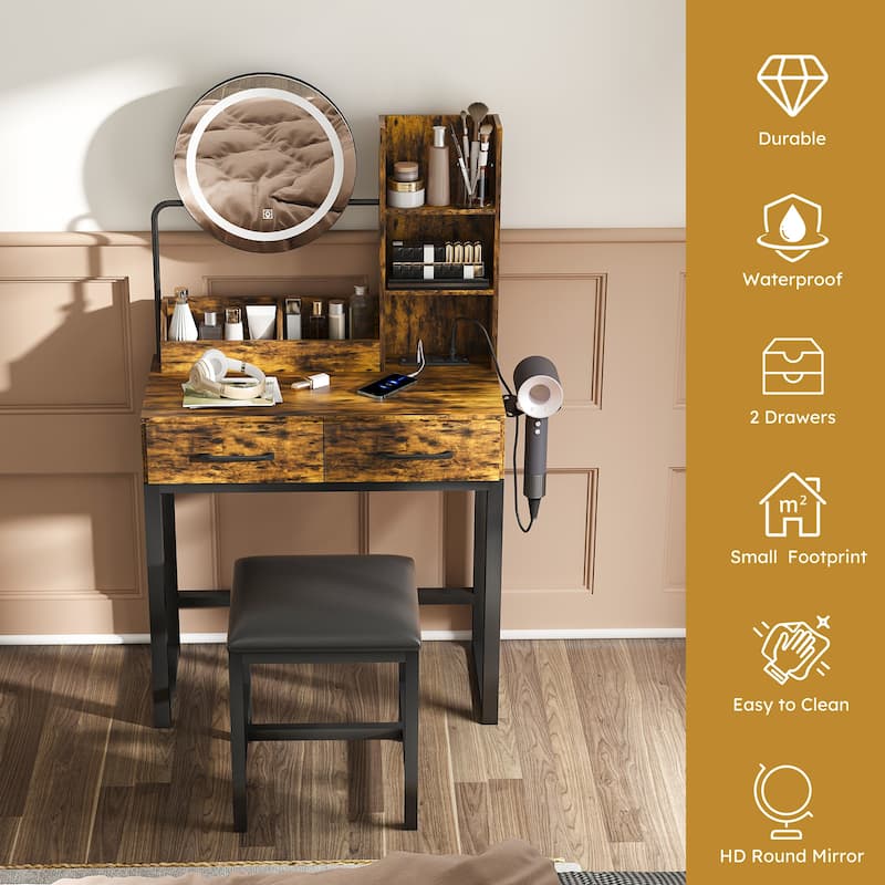 LED Makeup Vanity with Power Outlet - 3-Color Lights, 2 Large Drawers & Metal Chair, Dressing Table for Bedroom