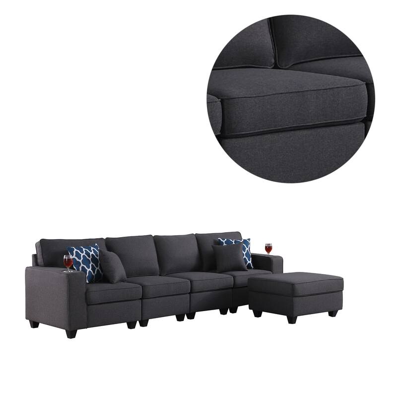 Linen Upholstered 4-Seater Sofa with Ottoman in Dark Gray