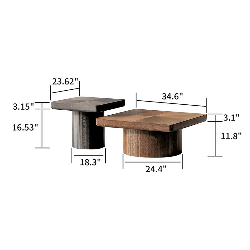 Wood Nesting Coffee Table Set, 2-Piece Coffee Table with Cylindrical Fluted Pedestal, Versatile Nesting Tables for Living Room
