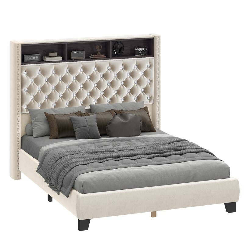 58" Tall Wingback Storage Headboard Bed Frame with USB Charging Stations and Deep Button Tufted