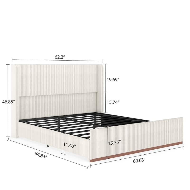 Corduroy Upholstered Platform Bed, Wingback Headboard Bed Frame