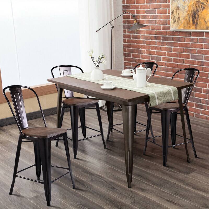 Costway Copper Set of 4 Metal Wood Counter Stool Kitchen Dining Bar