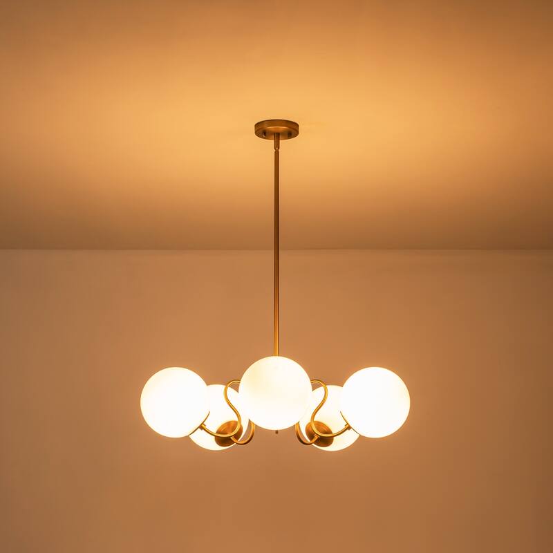 5-Light Mid-Century Modern Gold Sputnik Opal Glass Globe Bubble Chandelier for Dining Room - 27.5 in. W x 87.4 in. H