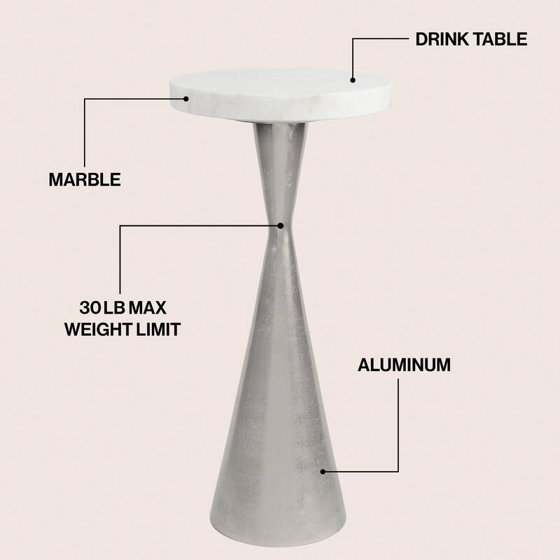 Ziggy 22" Contemporary Metal Drink & End Table w/ White Marble & Cone Base, By JONATHAN Y