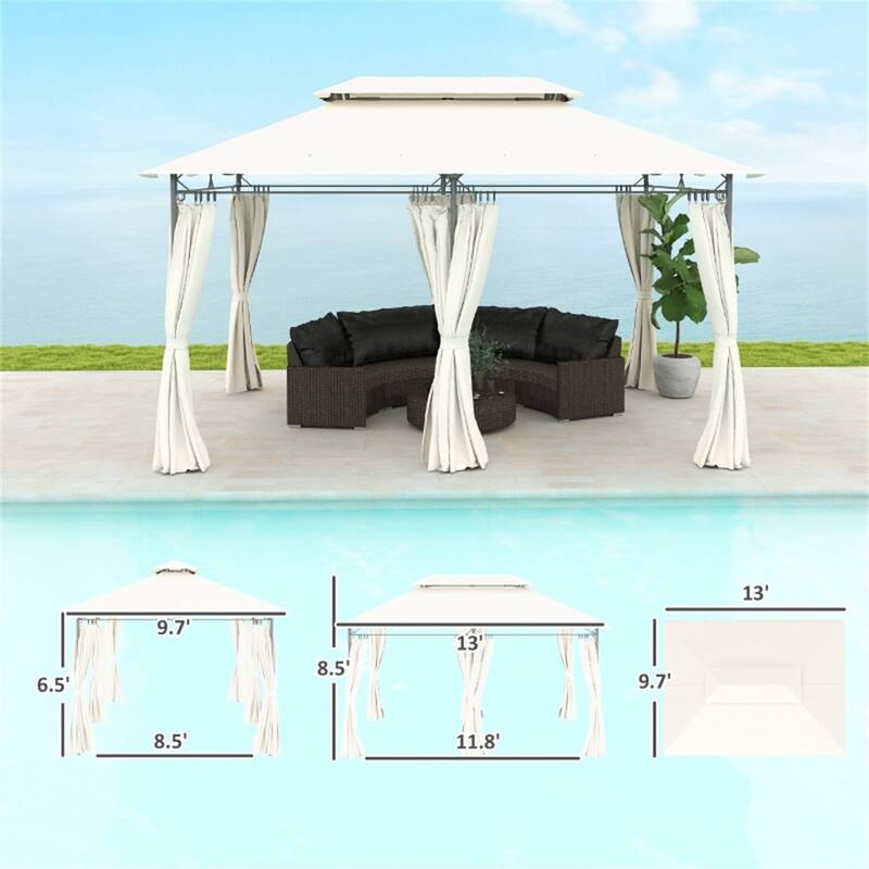 Large Metal Deck Gazebo with Two-Tier Roof and Removable Curtains Water-Drain Design for 12-Person