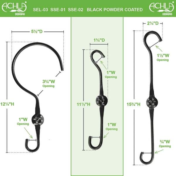 dimension image slide 0 of 2, Achla Designs Set of 2 Double Ended Extender Hangers with Wide Hook, 12 Inch Tall, Black Powder Coat Finish