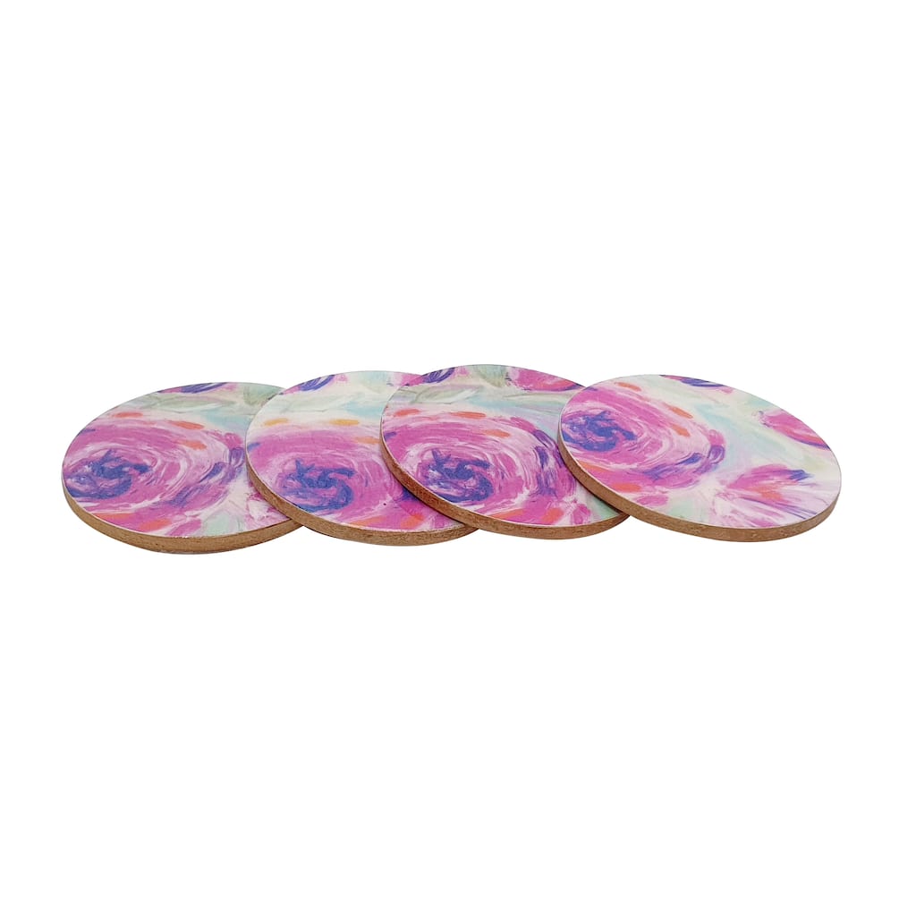 Transpac Wood 4 in. Pink Floral Coaster Set of 4