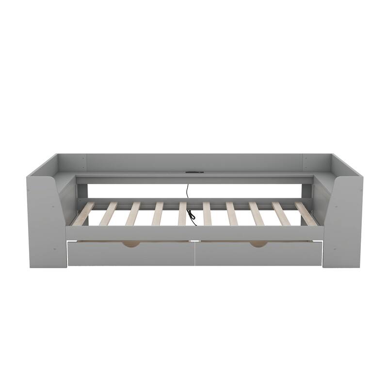 Modern Twin Daybed with USB Ports, Storage Drawers, and Shelving