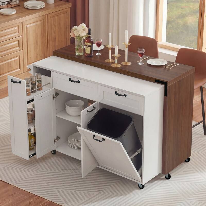102.3" Kitchen Island with Extendable Table, Kitchen Rolling Island Cart with Trash Storage Cabinet, 3-Tier Pull-Out Spice Rack - White
