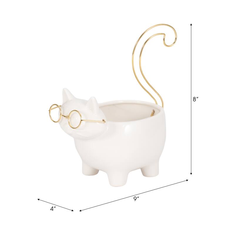 Sagebrook House Kitty Trinket Tray, White and Gold Ceramic Jewelry Holder/Organizer for Bathroom, Nightstand, Decor