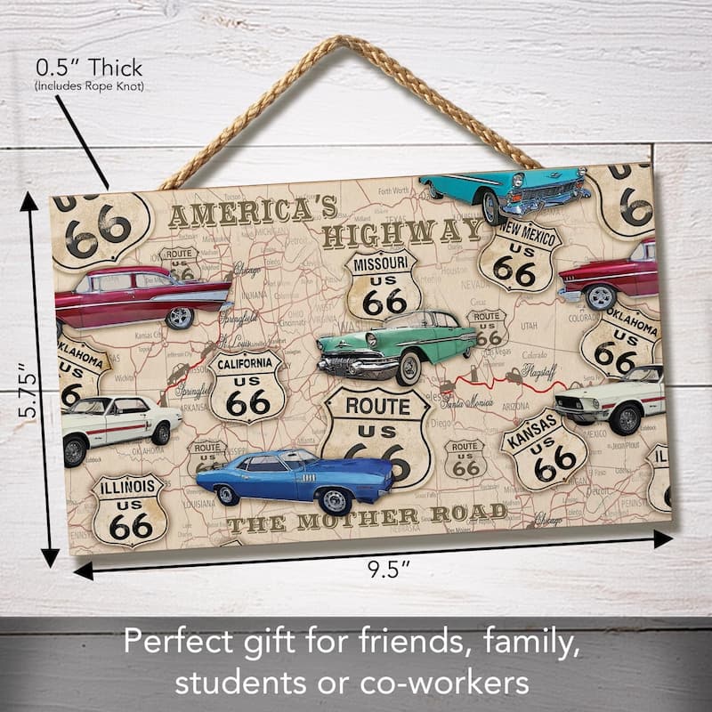 Route 66 Map Decorative Hanging Wood Sign 9.5” by 5.75” Made in the USA Includes Attractive Braided Rope Hanger - Multi