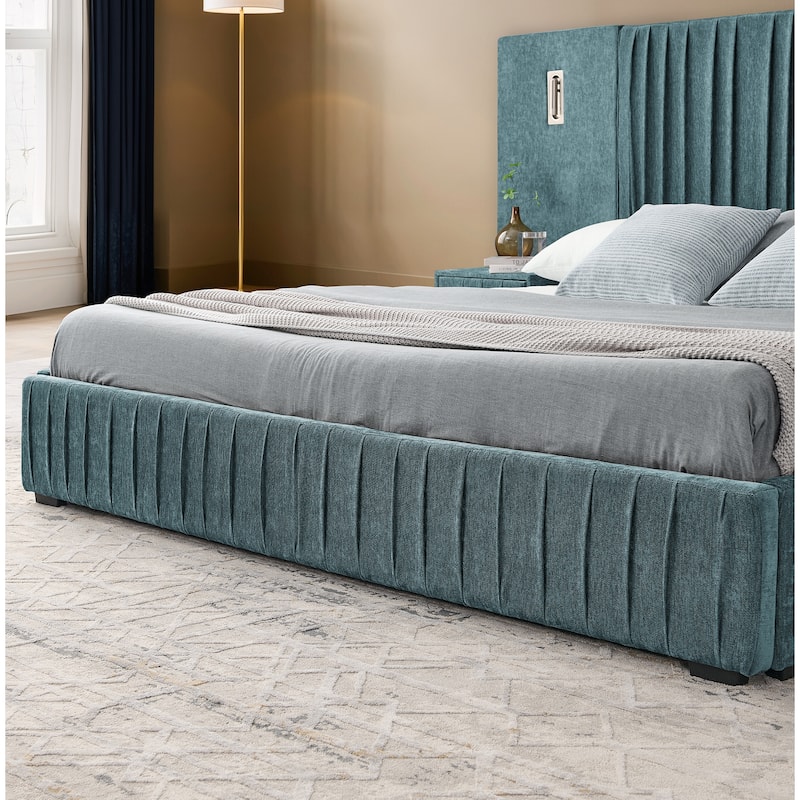 Queen Size Upholstered Bed Frame with Chenille fabric with pleated design,Grounded Queen Size Platform Bed