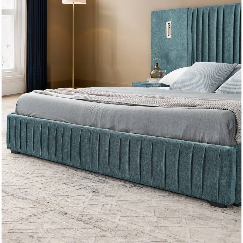 Queen Size Upholstered Platform Bed with Headboard, Integrated Bedside Table, and Adjustable Lamps, Blue-Green