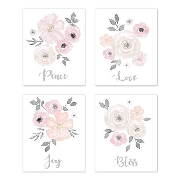 slide 2 of 6, Sweet Jojo Designs Blush Pink & Grey Love Peace Joy Bliss Watercolor Floral Collection Wall Decor Art Prints (Set of 4)